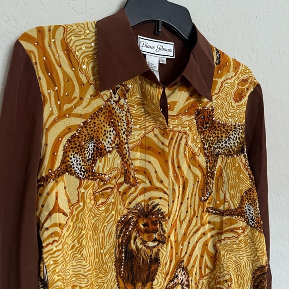 NWT Diane Gilman Sequin Silk Safari Print Button Up Blouse Size S Funky African - Picture 3 of 10